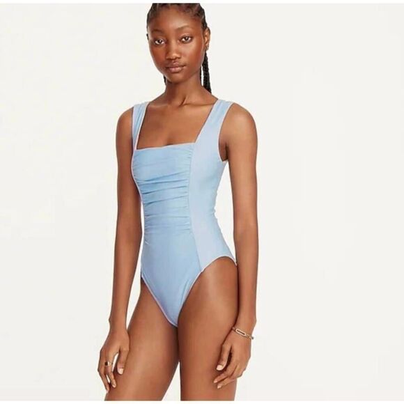 J. Crew Ruched Square Neck Swimsuit 16 Blue Mist‎ One Piece BF179 Retro Classic - Picture 1 of 9